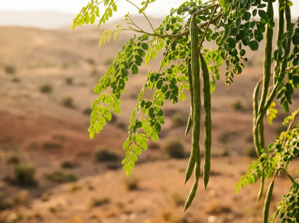 غصن مورينجا بقرونه أمام منظر طبيعي مغربي